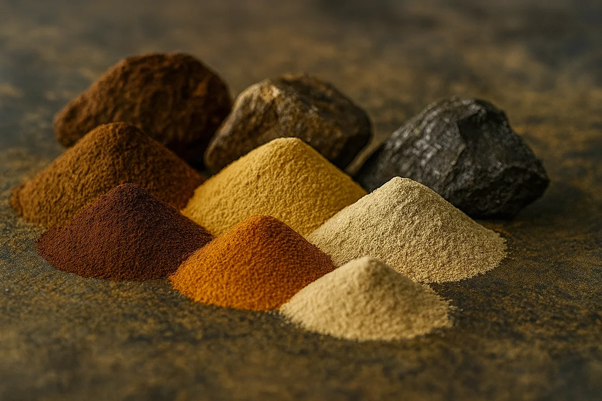 Muestras de minerales y polvos de tierras raras dispuestas sobre una superficie oscura