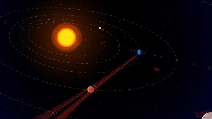 Representación de señales humanas en el espacio profundo alcanzando naves espaciales cerca de Marte y otros planetas