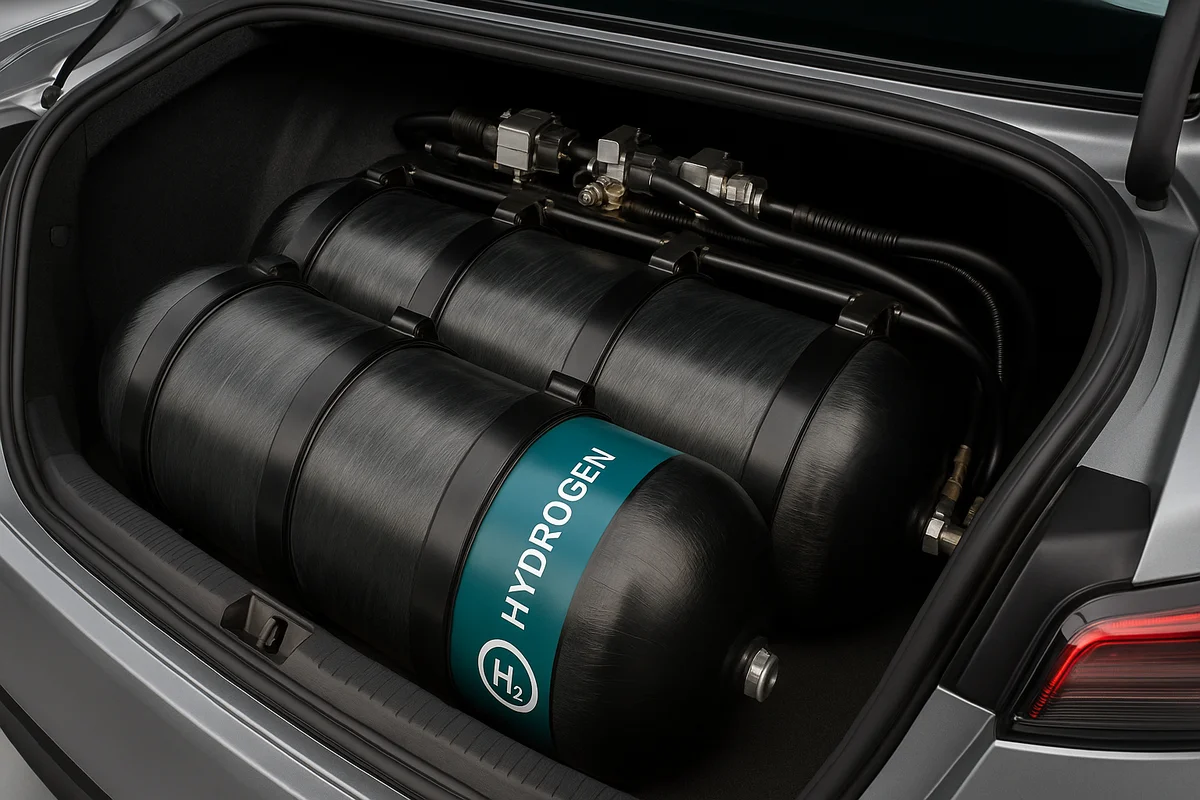 Tanques de hidrógeno instalados en el maletero de un coche eléctrico de pila de combustible