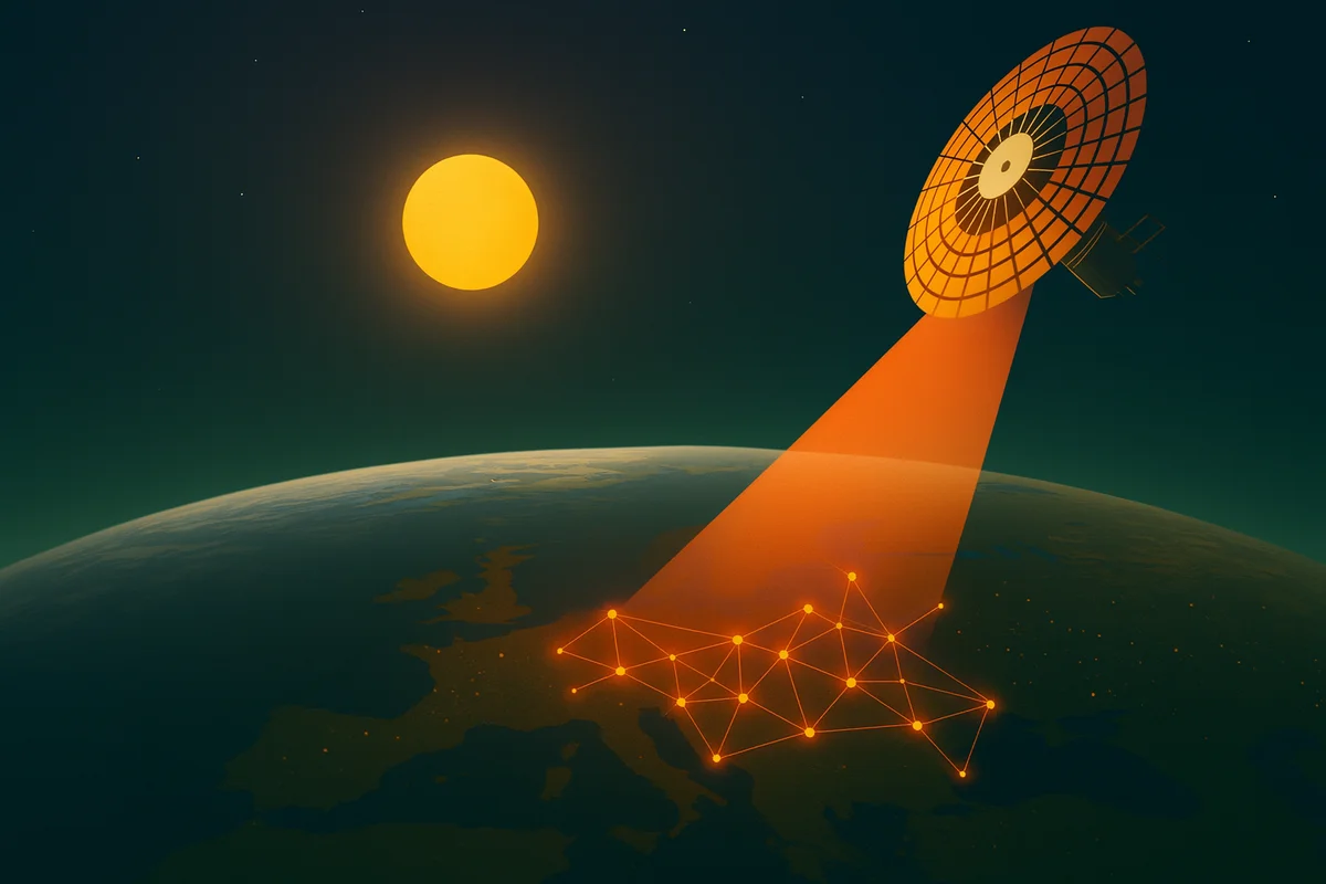 Ilustración realista de un satélite solar en órbita proyectando energía hacia Europa para cubrir la demanda renovable