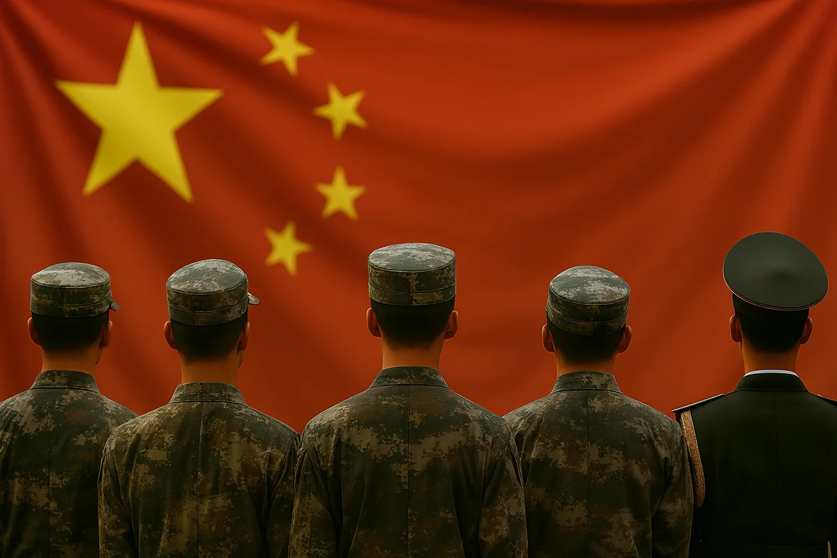Soldados frente a la bandera de China