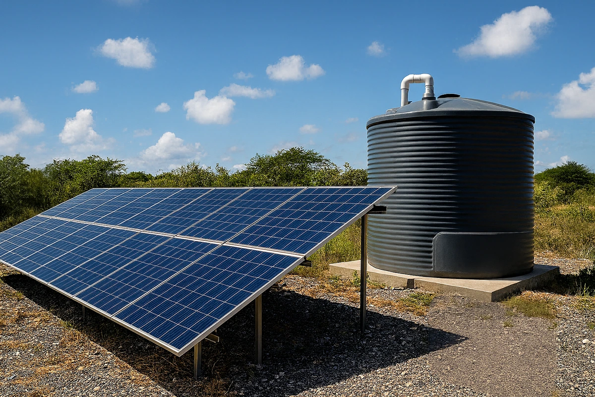 Sistema experimental con paneles solares y tanque metálico de tratamiento en un entorno rural