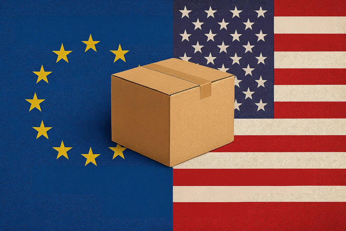 Caja de envío entre la Unión Europea y Estados Unidos con sus banderas de fondo