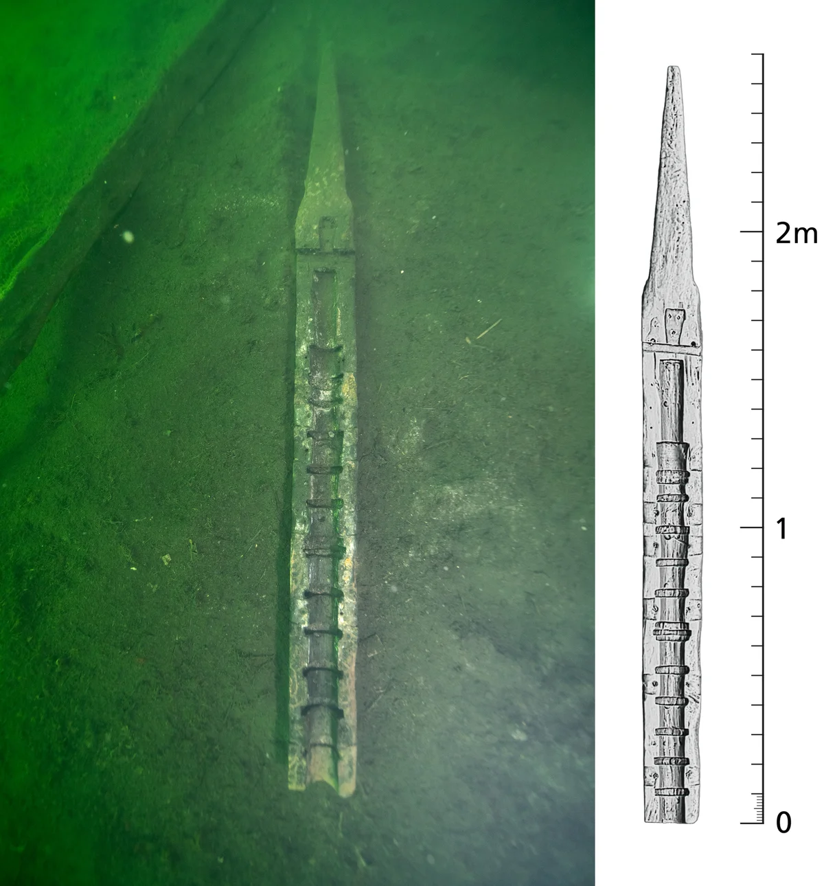 Plataforma del cañón 29812.45 en el lugar del naufragio en 2022 junto a una representación 3D
