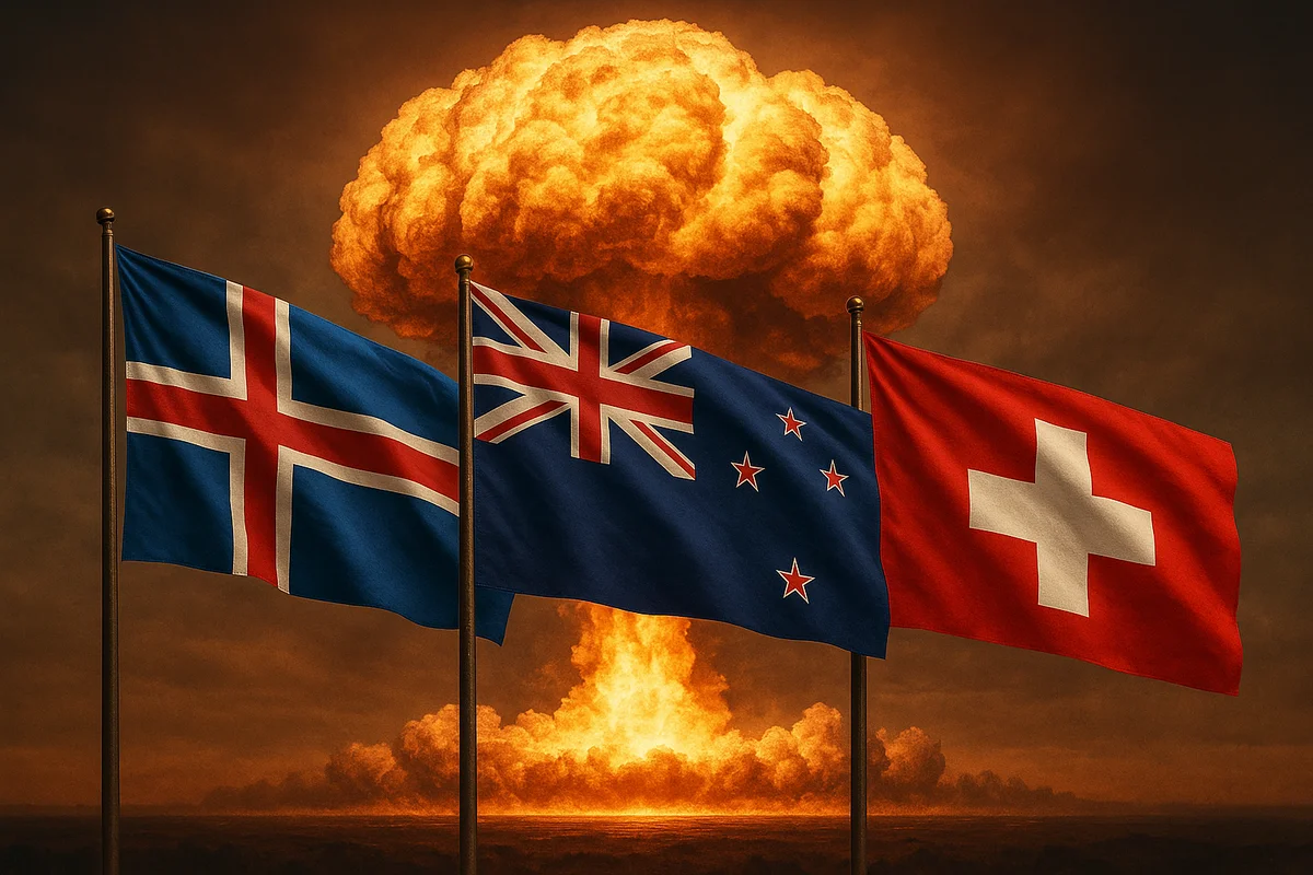 Banderas de Islandia, Nueva Zelanda y Suiza con fondo de explosión nuclear opacada