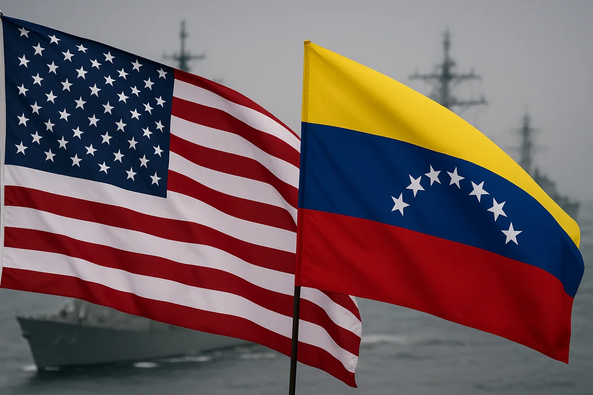 Banderas de Estados Unidos y Venezuela ondeando frente a un fondo con buques de guerra