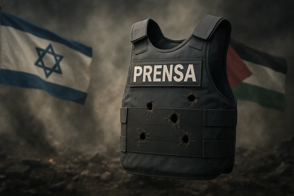 Chaleco antibalas con la palabra "PRENSA" y marcas de impactos de bala en un entorno de guerra, con las banderas de Israel y Palestina al fondo