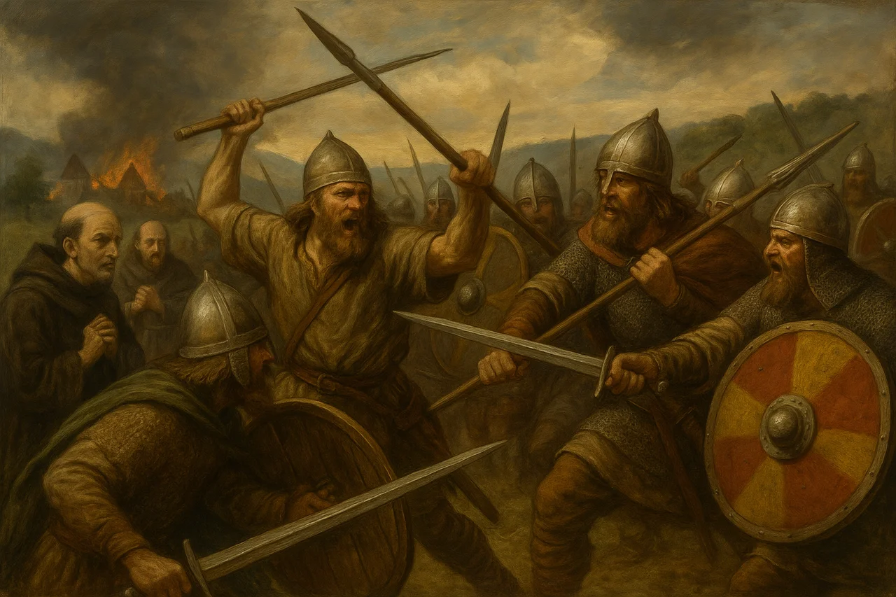 Escena pictórica de la Alta Edad Media con guerreros de cascos cónicos y escudos redondos luchando, mientras monjes observan al fondo