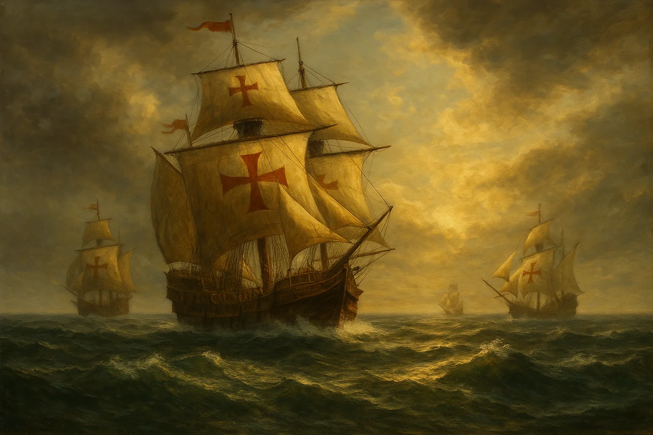 Pintura al óleo de carabelas con cruces rojas en sus velas navegando en alta mar durante la era de los descubrimientos