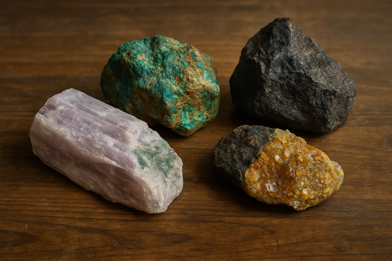 Muestras de minerales estratégicos en bruto (litio, cobre, uranio y tierras raras) colocadas sobre una mesa de madera