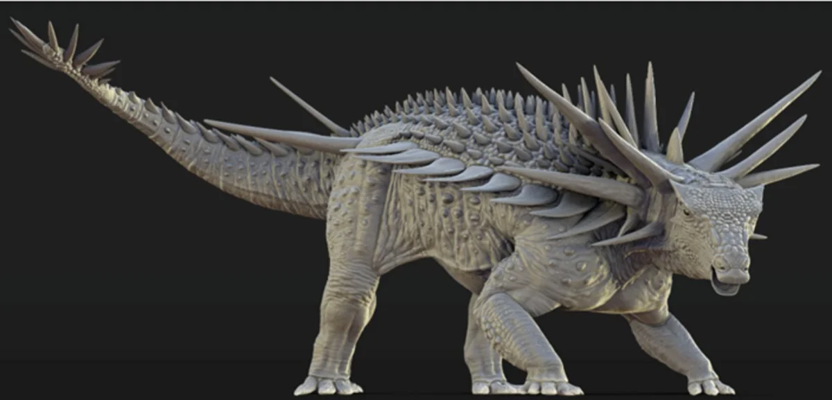 Reconstrucción artística del Spicomellus afer, un dinosaurio acorazado de púas fusionadas a su esqueleto