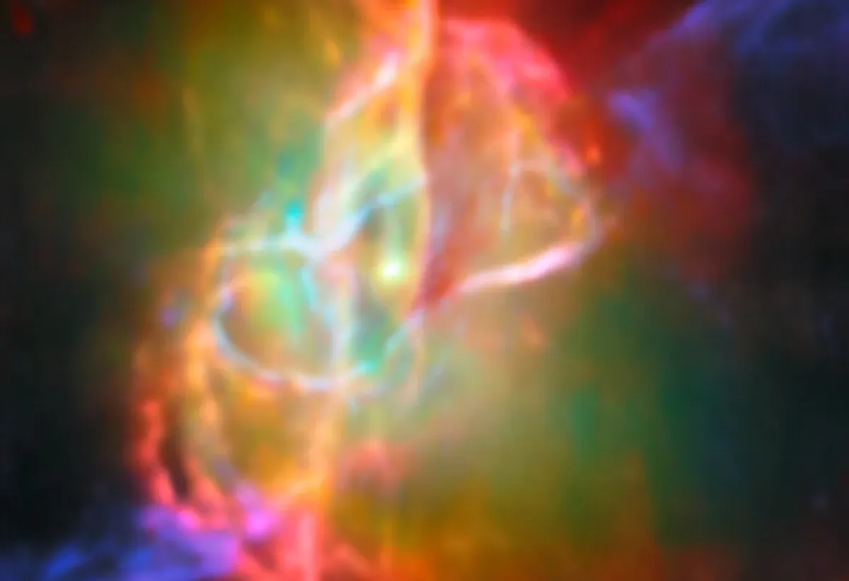 Imagen compuesta de la Nebulosa de la Mariposa con datos del Telescopio Espacial James Webb y ALMA, mostrando el toroide de gas y burbujas rojas iluminadas