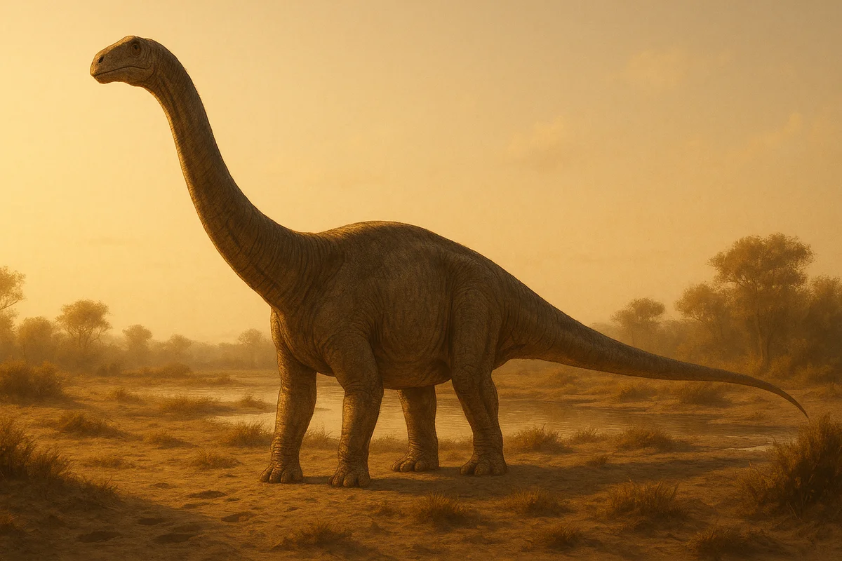 Ilustración realista de un dinosaurio saurópodo de cuello largo en un paisaje cretácico al atardecer en São Paulo