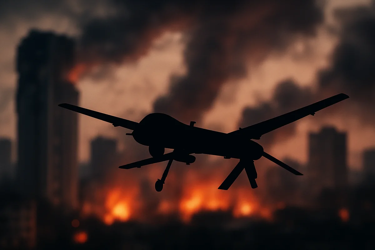 Silueta negra de un dron militar en primer plano sobre una ciudad ficticia desenfocada con edificios en llamas y humo tras un ataque
