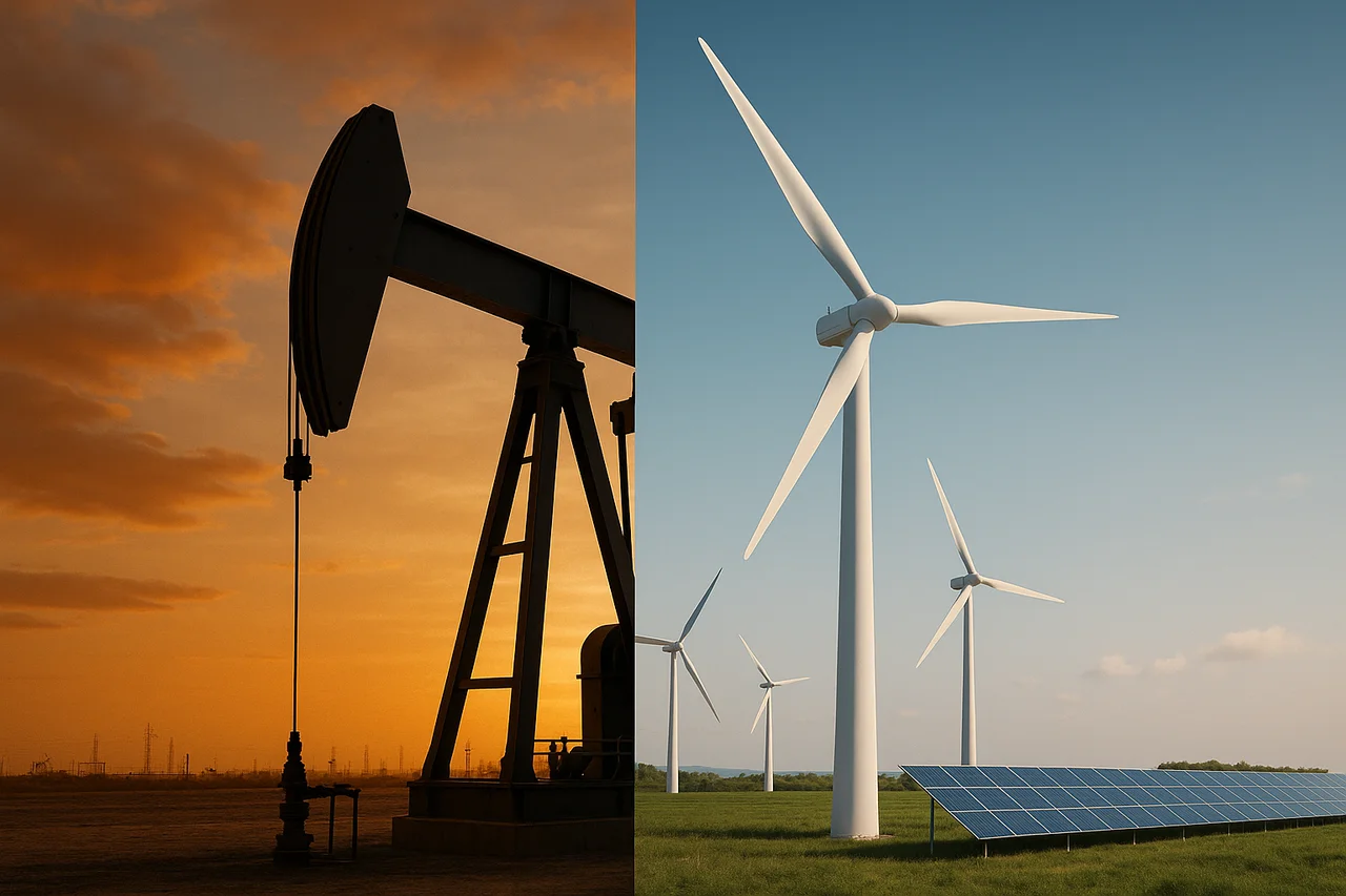 Mitad pozo petrolero al atardecer y mitad turbina eólica con paneles solares en un campo verde, representando el dilema energético de Sudamérica