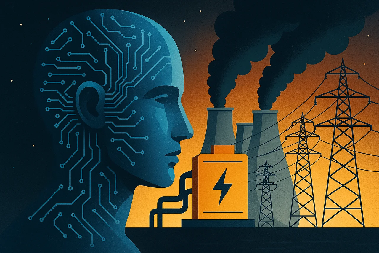 Ilustración digital que contrasta la inteligencia artificial con su alto consumo de energía y el impacto ambiental de las plantas eléctricas