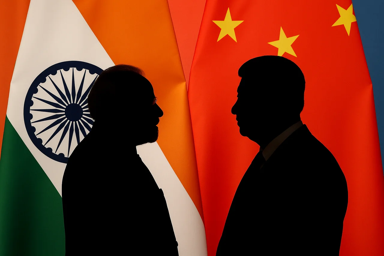 Siluetas en negro de los presidentes de India y China frente a un fondo con las banderas de ambos países, simbolizando unidad y cooperación