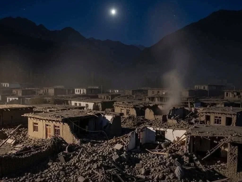 Casas destruidas por el terremoto en Afganistán bajo la luna