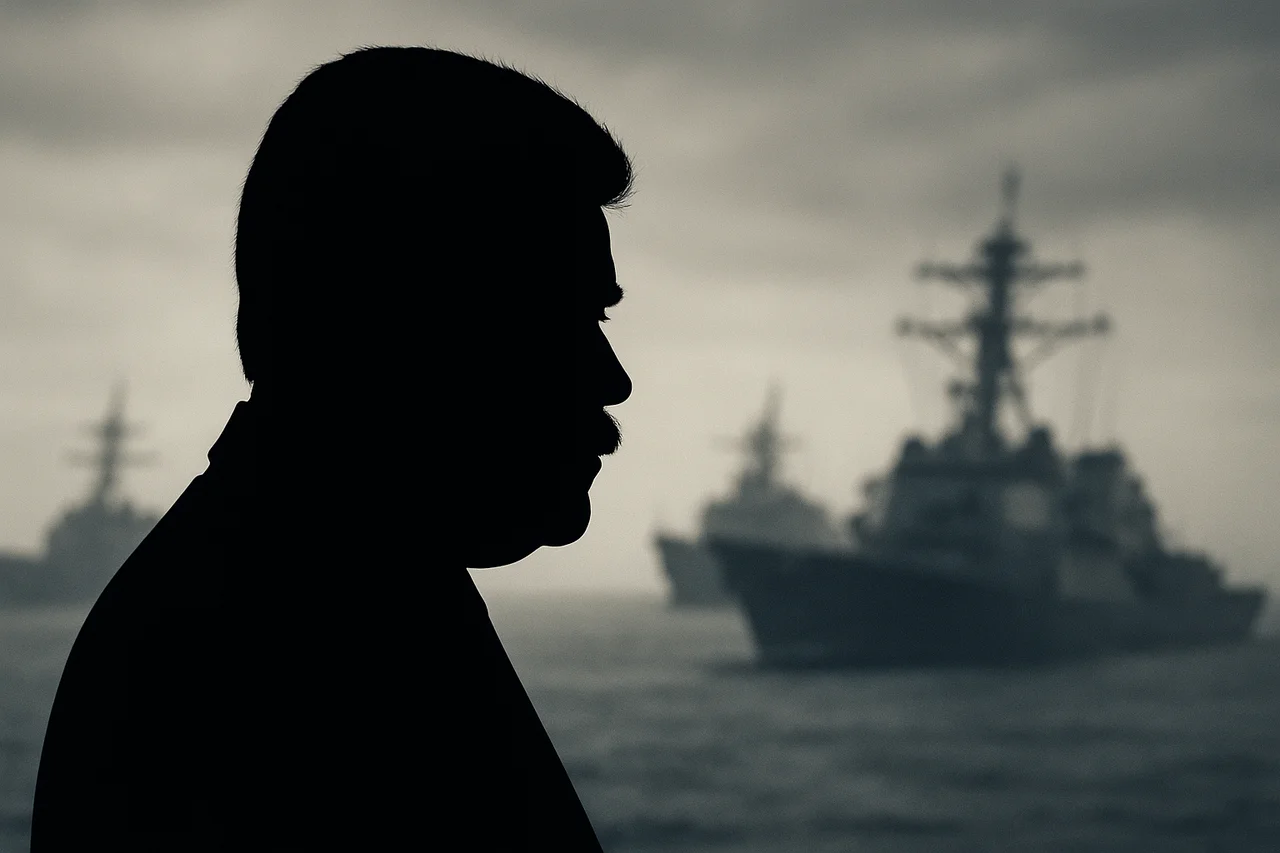 Silueta de Nicolás Maduro primer plano, con barcos de guerra navegando en un mar gris al fondo