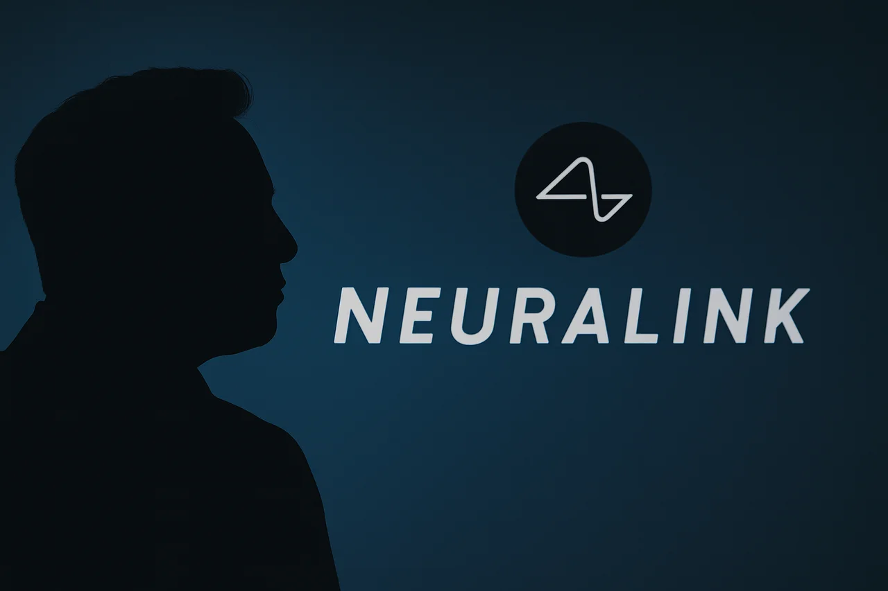 Silueta de Elon Musk en primer plano, con el logo y la palabra Neuralink iluminados en el fondo sobre un diseño minimalista
