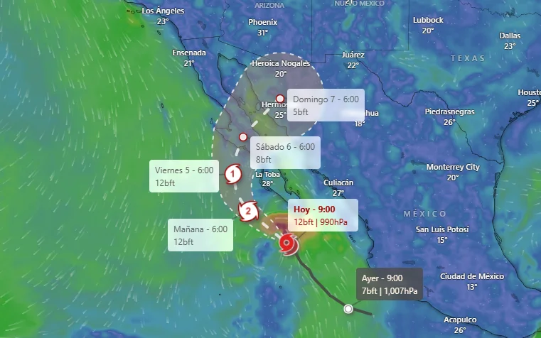 Trayectoria pronosticada del huracán Lorena en el Pacífico mexicano con desplazamiento hacia Baja California Sur