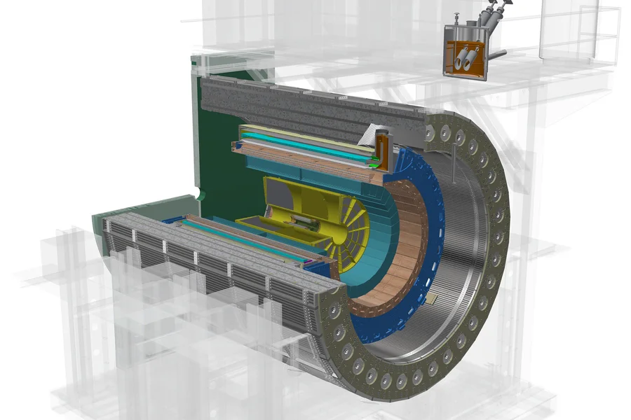 Esquema técnico del detector sPHENIX con sus calorímetros hadrónicos, calorímetro electromagnético, sistemas de seguimiento y el imán solenoide superconductor