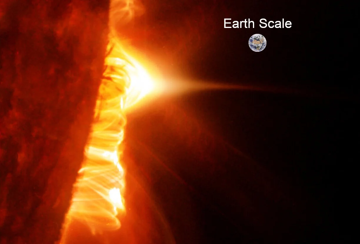 Llamarada solar en el limbo con dimensiones comparables al tamaño de la Tierra, observada con datos del Solar Dynamics Observatory