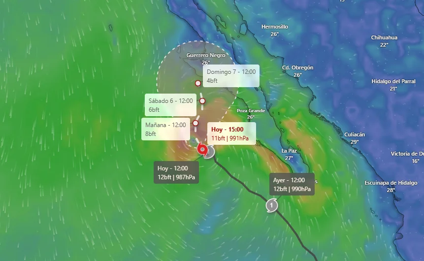 Mapa del huracán Lorena acercándose a Baja California Sur y Sonora