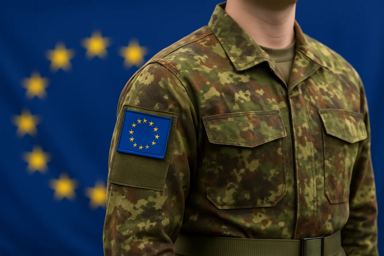 Soldado con uniforme de camuflaje verde mostrando en el brazo un parche rectangular de la Unión Europea frente a la bandera azul con estrellas amarillas