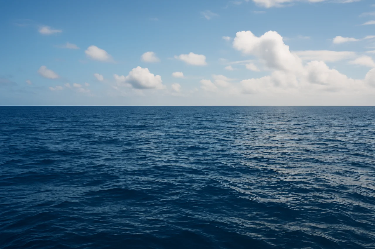 Océano con aguas azules profundas y olas suaves bajo un cielo claro con nubes blancas dispersas en el horizonte
