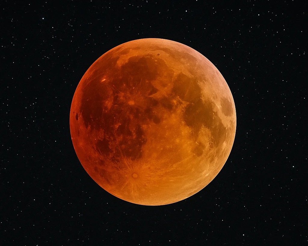 Eclipse lunar total con la Luna completamente enrojecida sobre un cielo oscuro estrellado