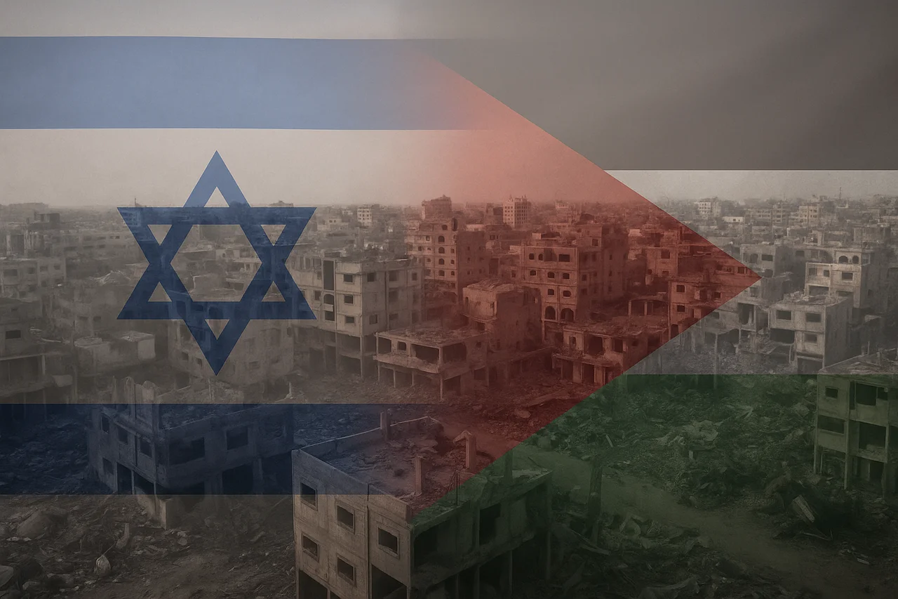 Banderas de Israel y Palestina superpuestas de forma transparente sobre una ciudad destruida en Gaza, simbolizando el conflicto y la devastación en Oriente Medio