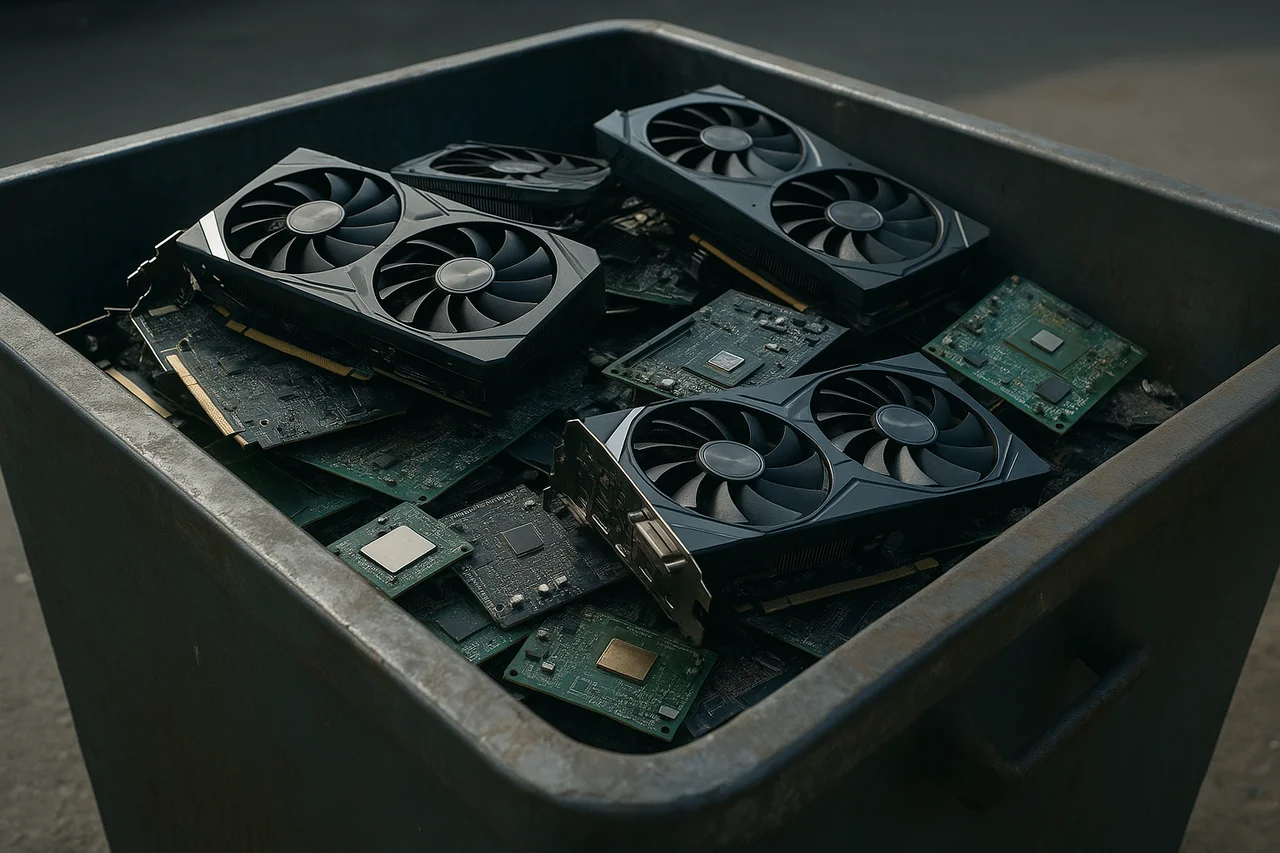 Tarjetas gráficas y chips electrónicos desechados en un contenedor industrial, simbolizando el aumento de residuos tecnológicos