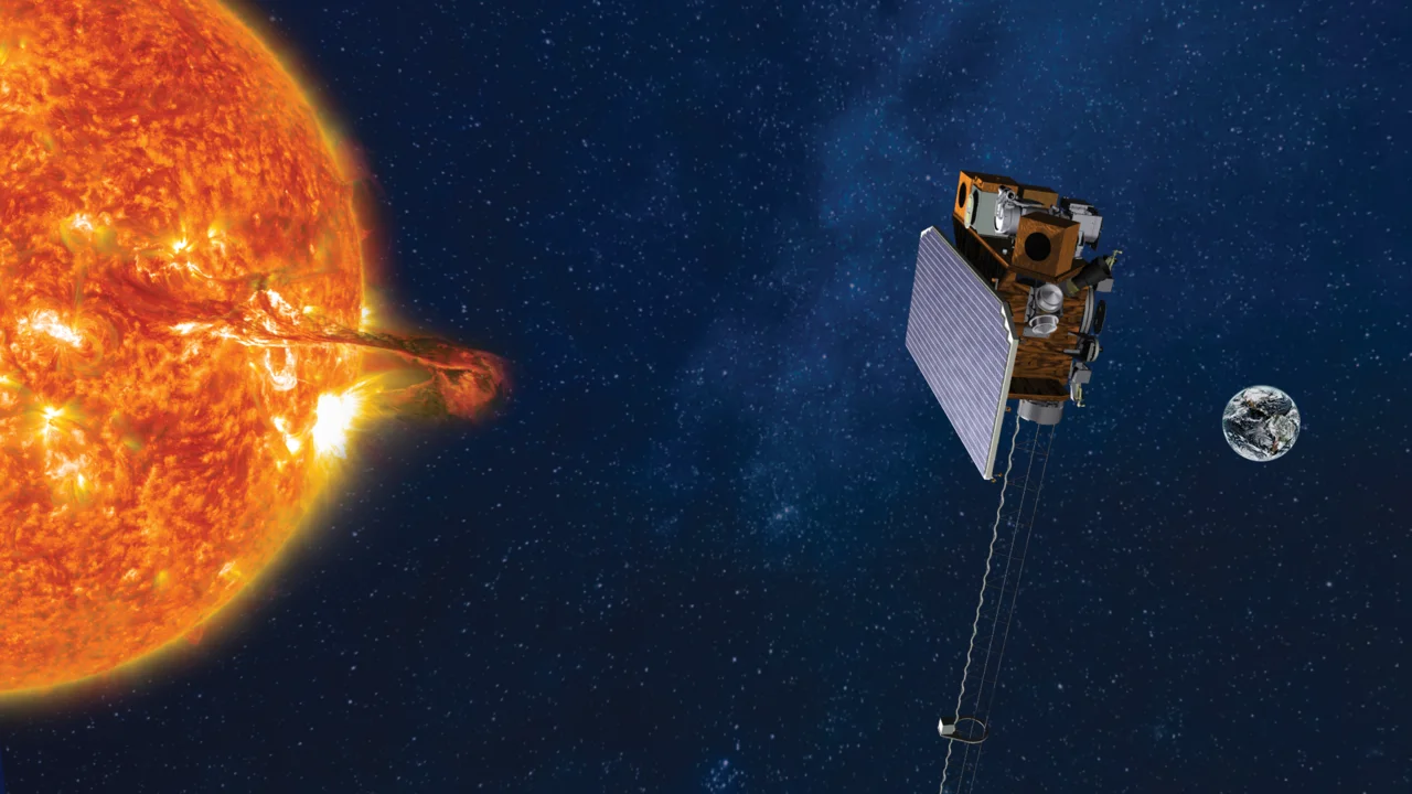 Ilustración del satélite SWFO-L1 observando la corona solar y el viento solar en tiempo real para anticipar el clima espacial