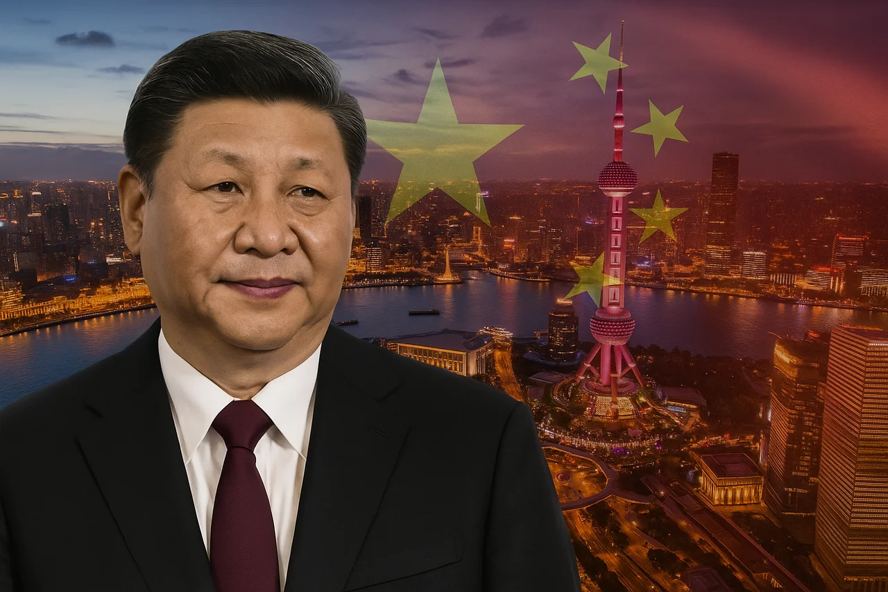 Xi Jinping con fondo de Shanghái iluminado y la bandera de China semitransparente sobre la ciudad
