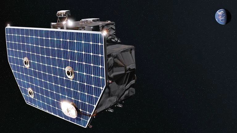 Recreación artística del observatorio espacial Carruthers Geocorona mostrando la nave en órbita frente a un fondo estrellado