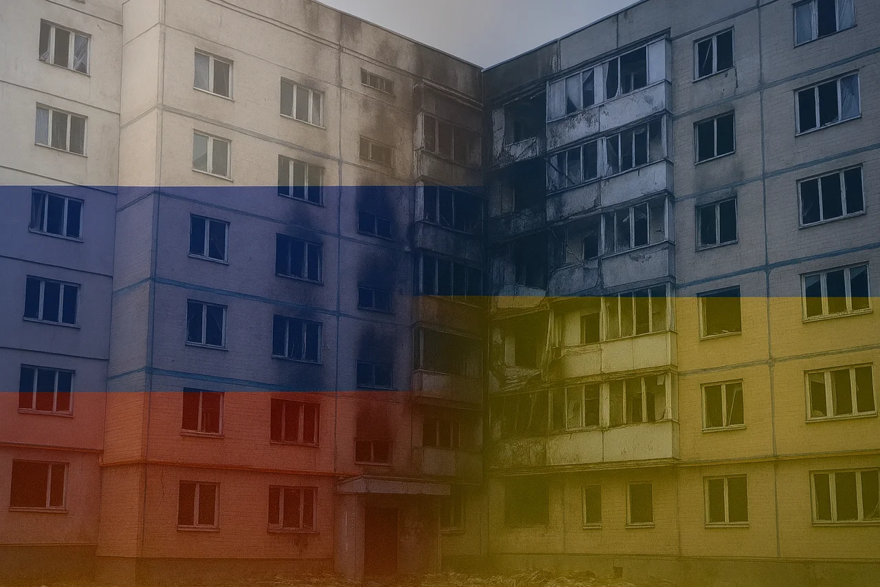 Edificio dañado con las banderas de Rusia y Ucrania superpuestas de forma translúcida.