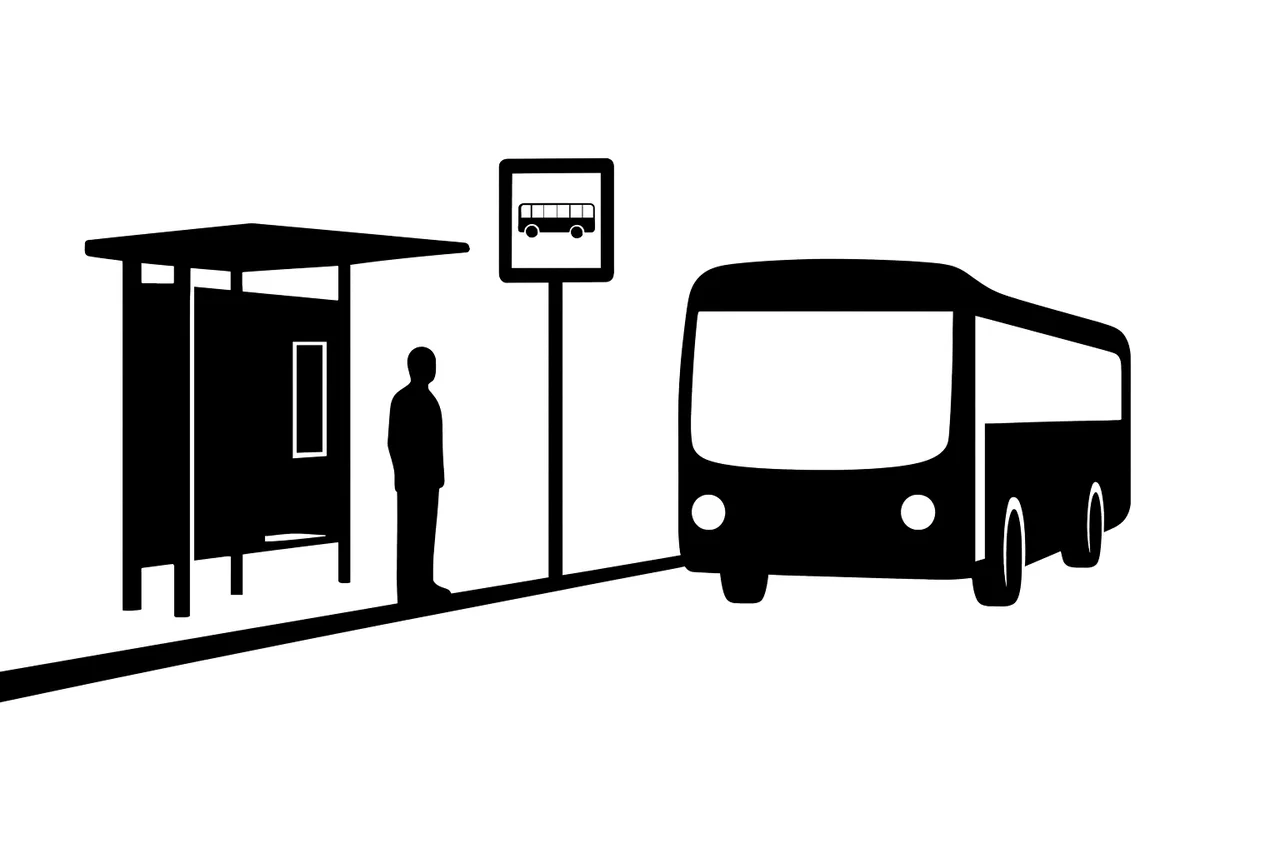 Silueta negra de una parada de autobús con un autobús llegando, sobre fondo blanco minimalista