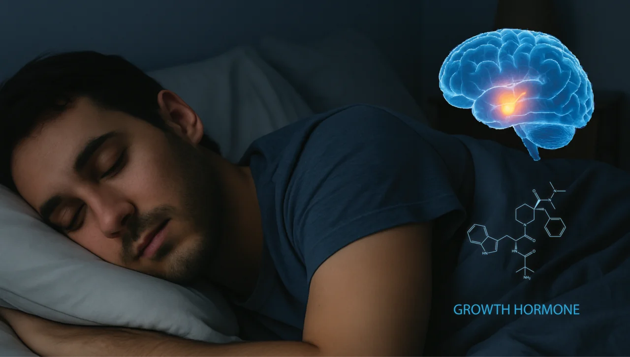 Ilustración científica que muestra cómo el cerebro libera hormona del crecimiento durante el sueño para fortalecer músculos y huesos