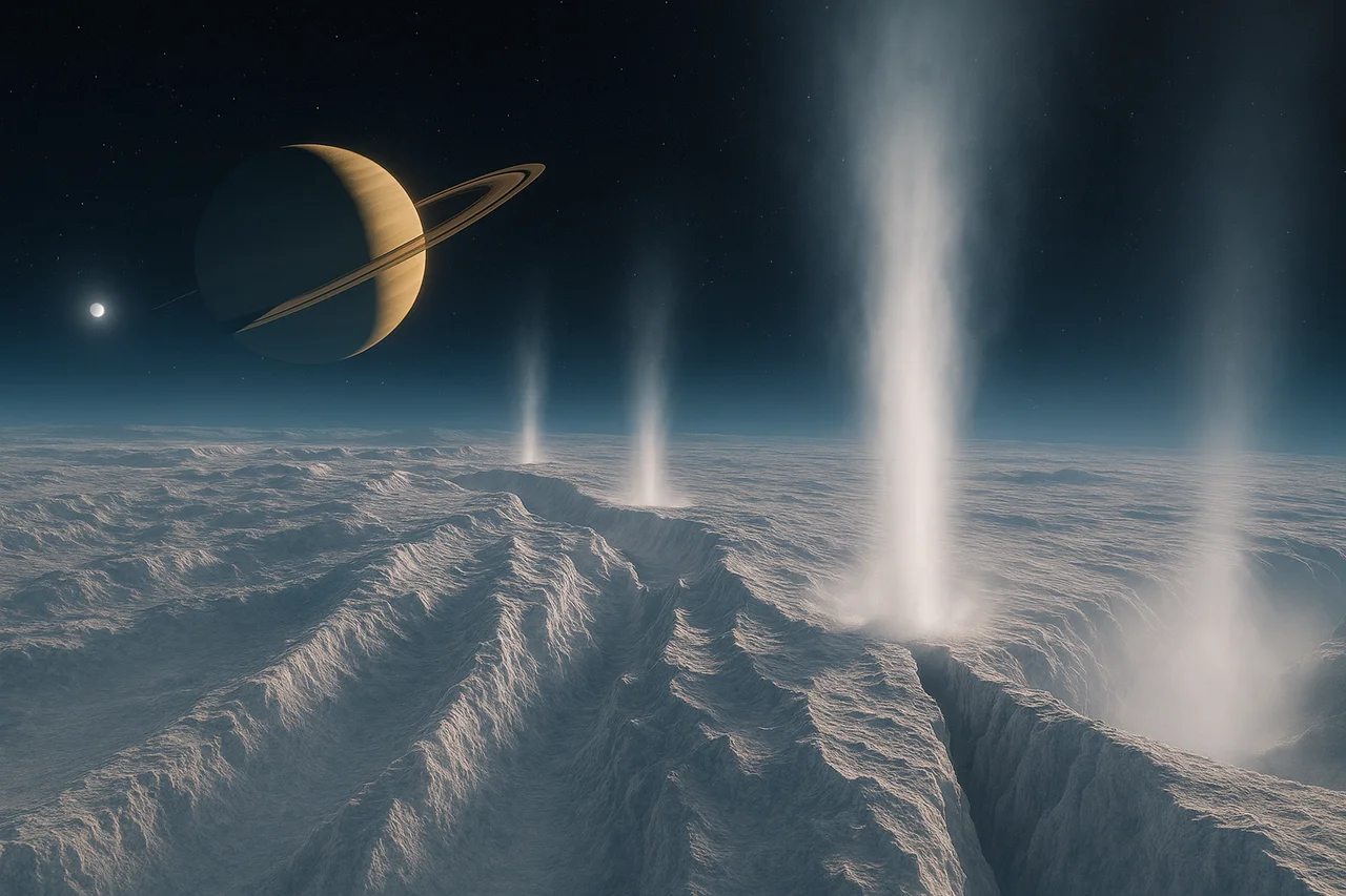 Superficie helada de Encélado con fracturas profundas desde donde emergen géiseres de agua hacia el espacio, bajo un cielo estrellado con Saturno visible al fondo