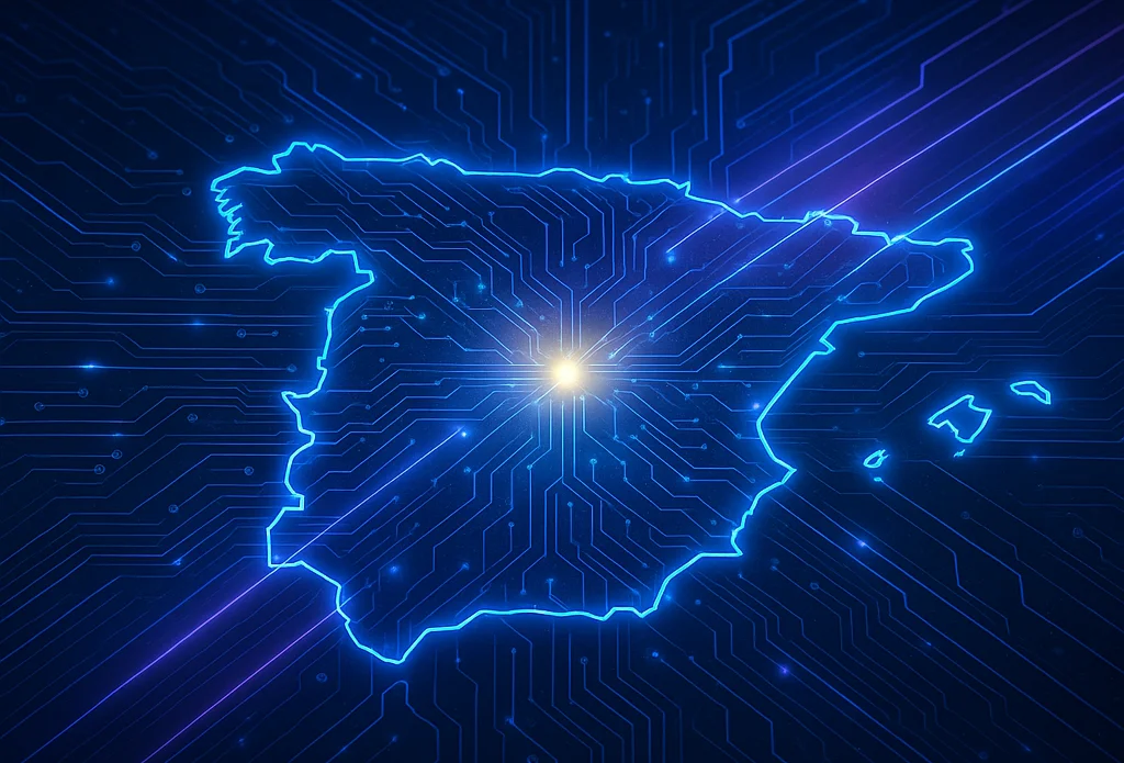 Ilustración futurista de la Península Ibérica iluminada en azul con un resplandor central, representada como un circuito tecnológico con haces de luz cuántica en fondo oscuro