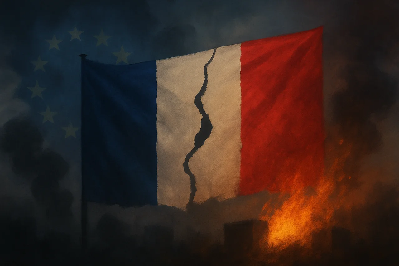 Bandera de Francia rasgada con humo y fuego de fondo, acompañada por un difuso símbolo de la Unión Europea