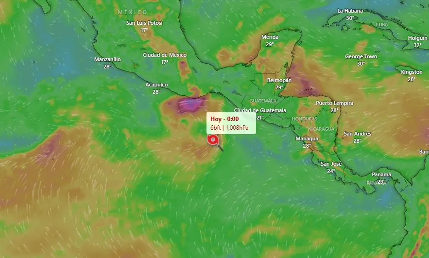 Mapa meteorológico muestra el Invest 95E frente a las costas del Pacífico mexicano con nubosidad, lluvias intensas y presión central de 1008 hPa.