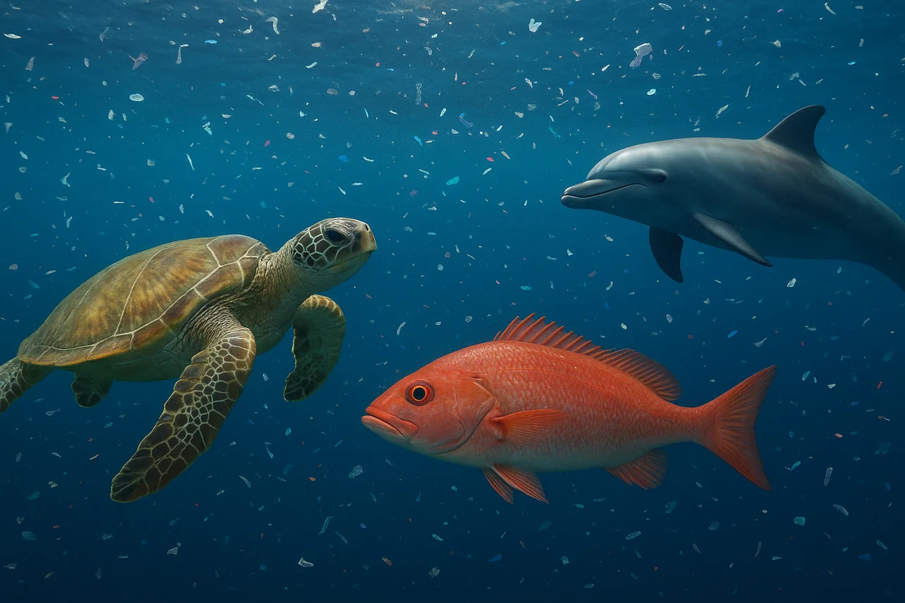 Tortuga, pez y delfín en el Golfo de México rodeados de microplásticos.