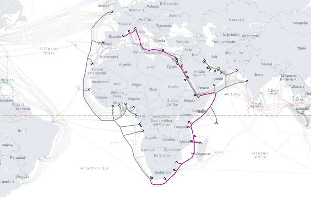 Mapa del cable submarino 2Africa que rodea África y conecta Europa y Asia