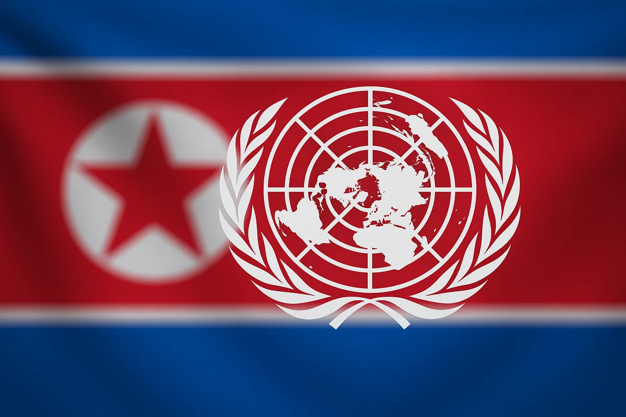 Logotipo de la ONU en primer plano sobre un fondo borroso de la bandera de Corea del Norte, con los colores rojo, azul y la estrella blanca visibles de manera difuminada