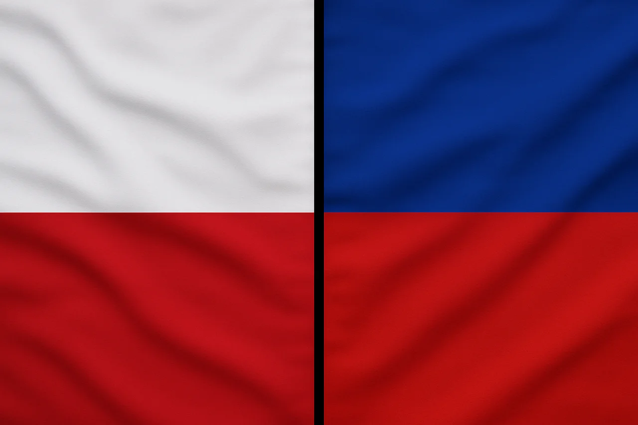 Banderas de Polonia y Rusia cubriendo toda la pantalla, separadas verticalmente por una fina línea negra en el centro, con texturas de tela onduladas en ambas mitades