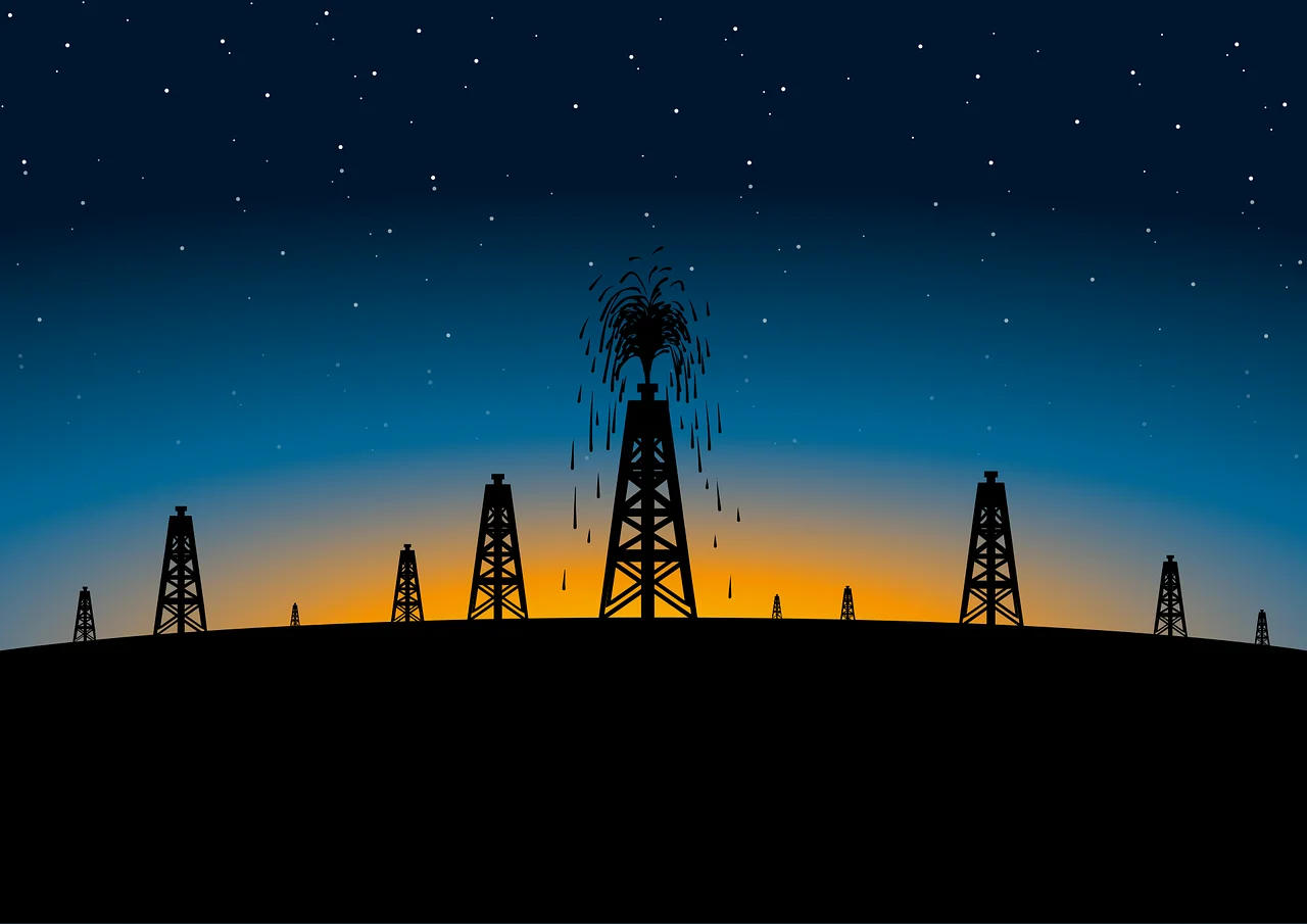 Ilustración de torres petroleras extrayendo crudo al anochecer con un cielo estrellado de fondo