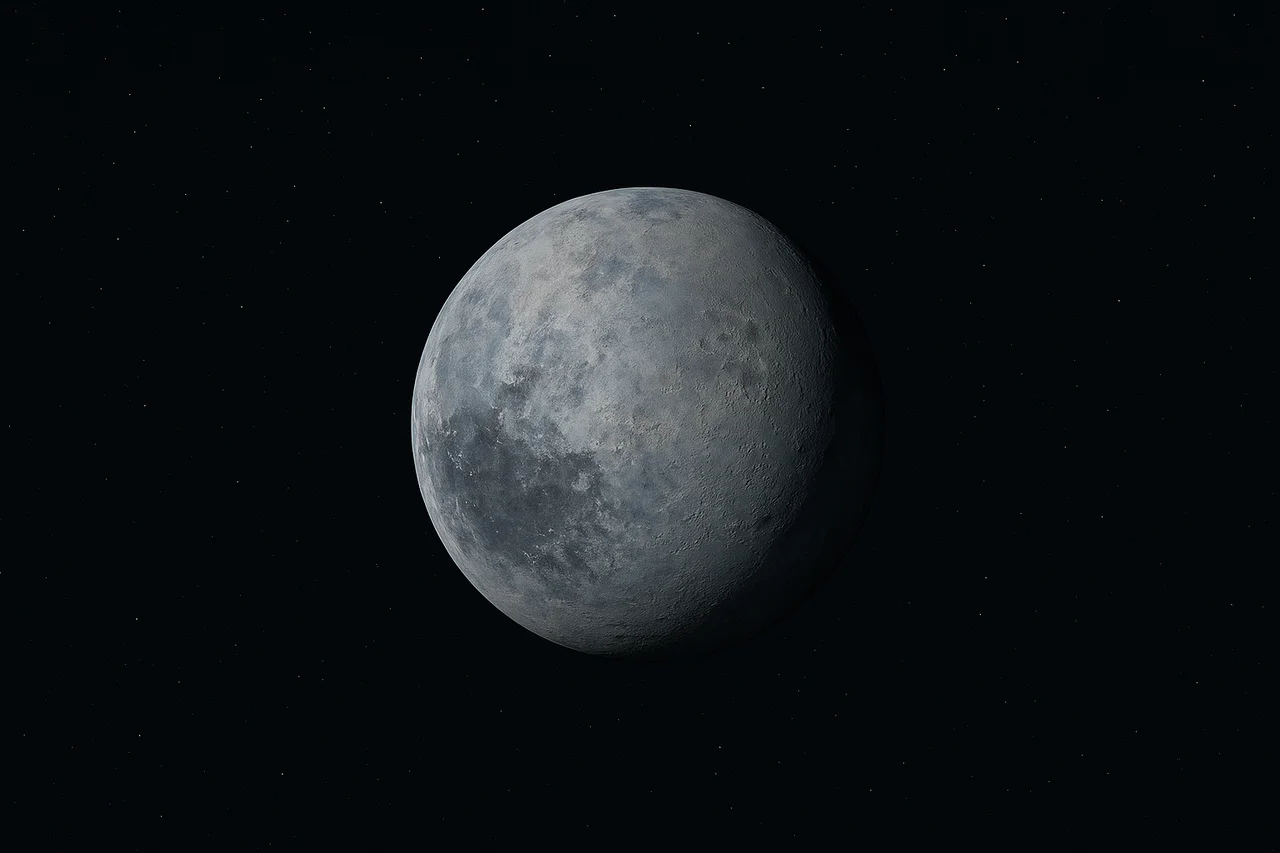 Representación realista de un posible planeta enano transneptuniano en el sistema solar exterior, con superficie helada y grisácea en medio del espacio profundo