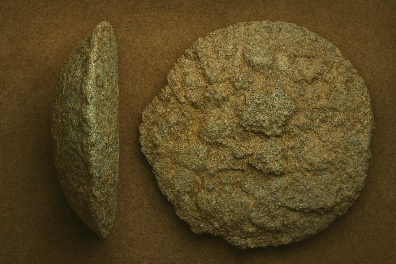Lingote plano-convexo de la Edad del Hierro visto desde arriba y de perfil